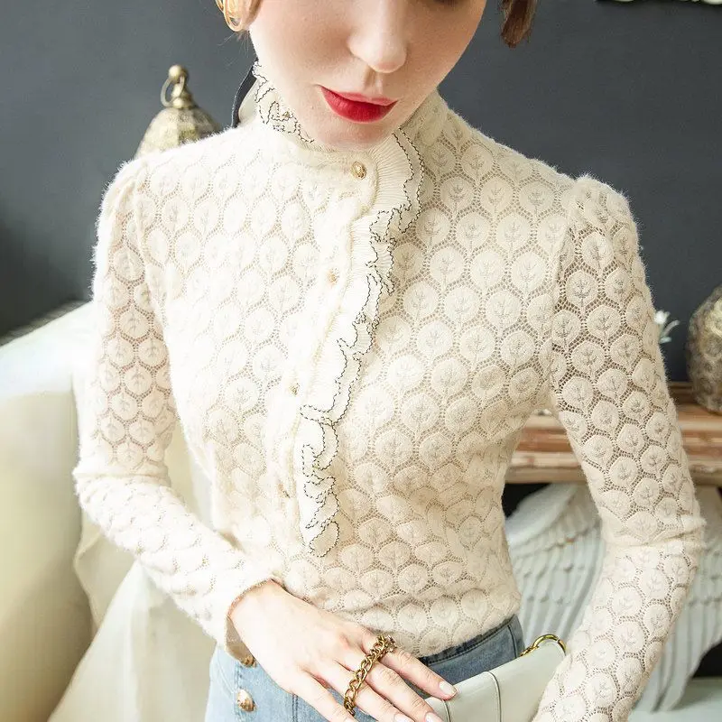 

Lace Shirt Women's 2023 Autumn/winter Fashion Plush And Warm High Neck Shirt New Ruffle Edge Top