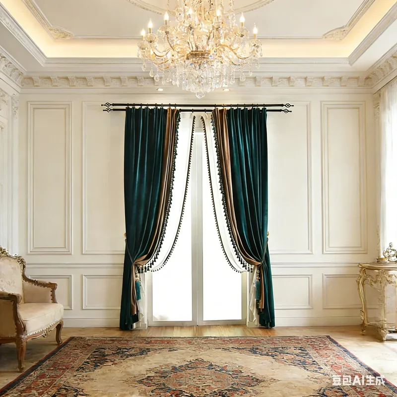 American Luxury Green Blue Velvet Curtains for Living Room Bedroom Villa Peacock Light Brown Beads Textured Thickening Custom