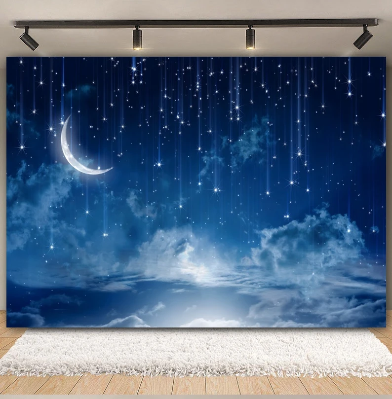 Night Starry Sky Cloud Backdrop Universe Earth Moon Planet Stars Baby Birthday Party Photography Background Decor Photo Studio