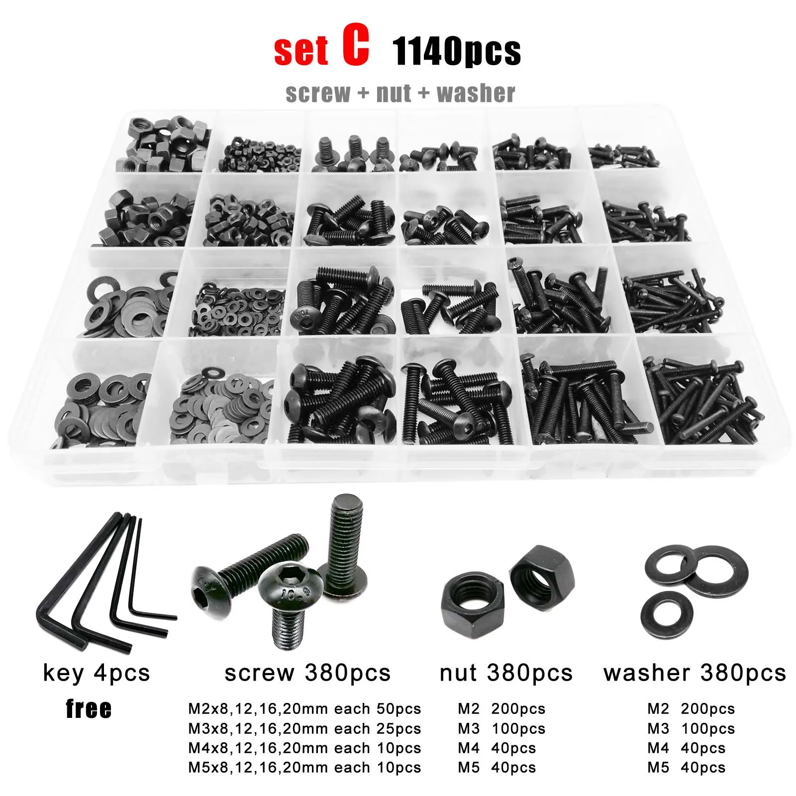 400/2100pcs M1.6 M2 M2.5 M3 M4 M5 Black Grade 10.9 Steel Hex Hexagon Socket Button Round Head Screw Bolt Nut Washer Set Kit Box