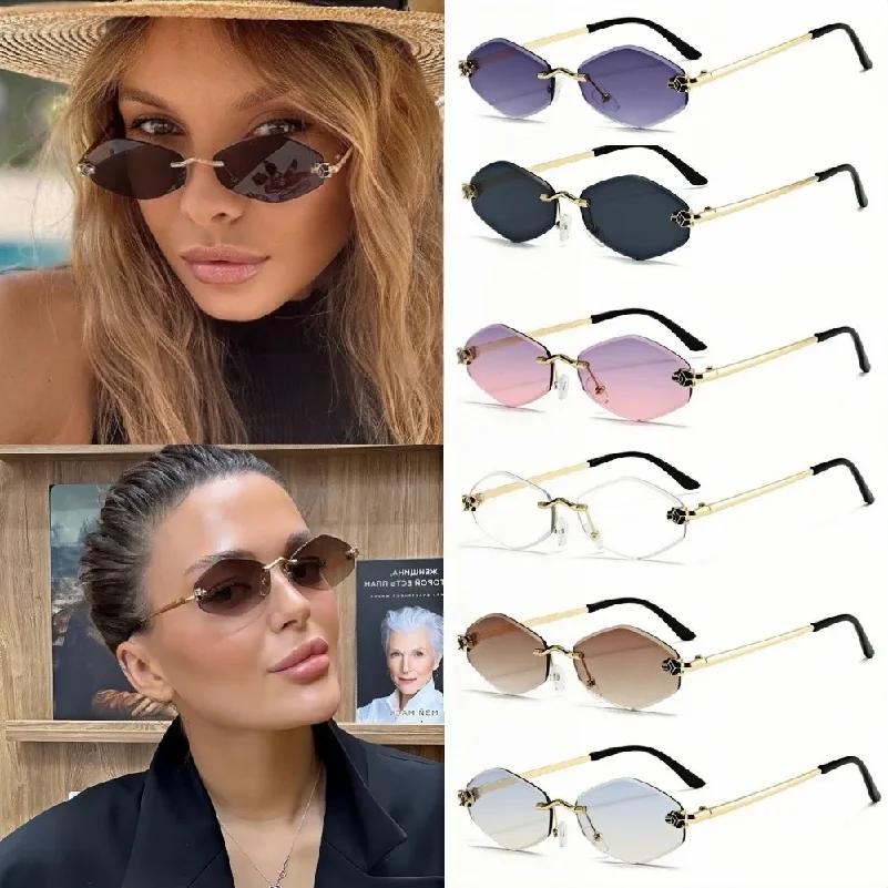

Fashion Rimless Sunglasses for Women Retro Design Metal Small Diamond Frame Vintage Rhombus Rimless UV400 Shades Men Glasses