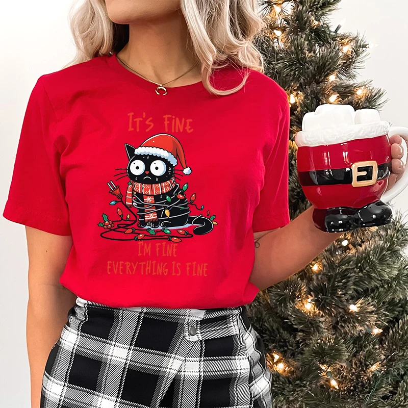 Mode Weihnachten Katze Lichter T-shirt Frauen It's Fine I'm Fine Everything Is Fine Print Tops Lustige Katze Weihnachten Party T-shirts