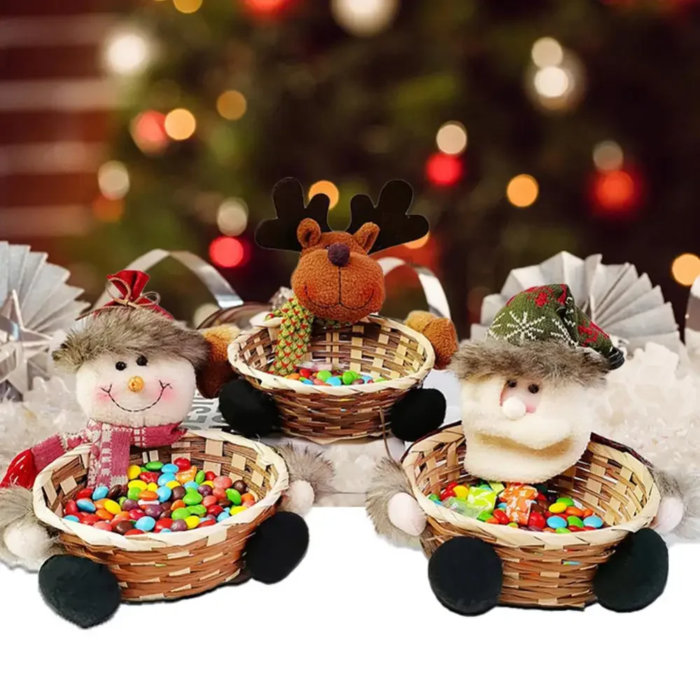 Christmas Candy Basket Santa Snowman Elk Decorative Bamboo Basket Fruit Basket Food Storage Rack Christmas Home Decoration