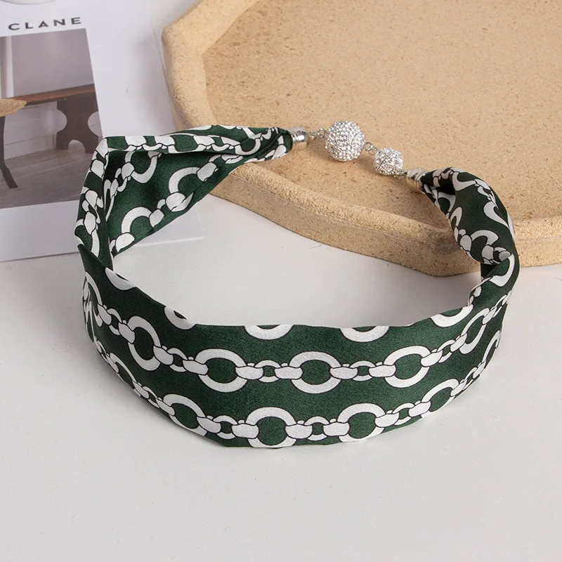 Bufanda de seda con botón magnético para mujer, collar perezoso multifuncional, bufanda de cadena de seda de simulación, cinta pequeña de pelo