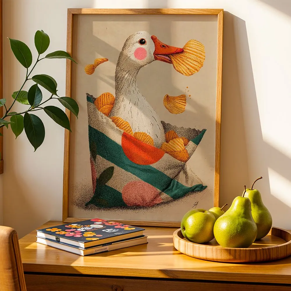 Abstract White Duck Eating Potato Chips Canvas Poster Wall Art,2D Print Wall Decor,Fun Home Gift For Kitchen And Dining Room