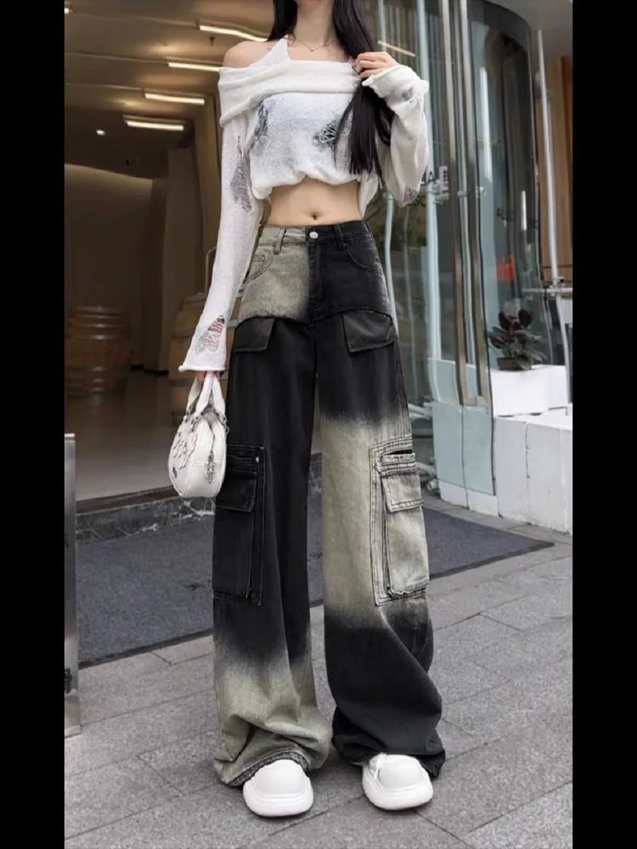 

American Multi-Pocket Gradient Tooling Jeans Women'S Autumn Winter New Spice Girls' Slim Wide-Leg Trousers With Drooping Feeling