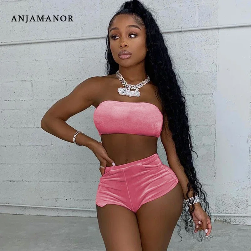 ANJAMANOR Sexy Solid Velvet Two Piece Shorts Sets Tracksuit Summer Clothes for Women's Outfits Bulk Items Wholesale Lots D90BH19