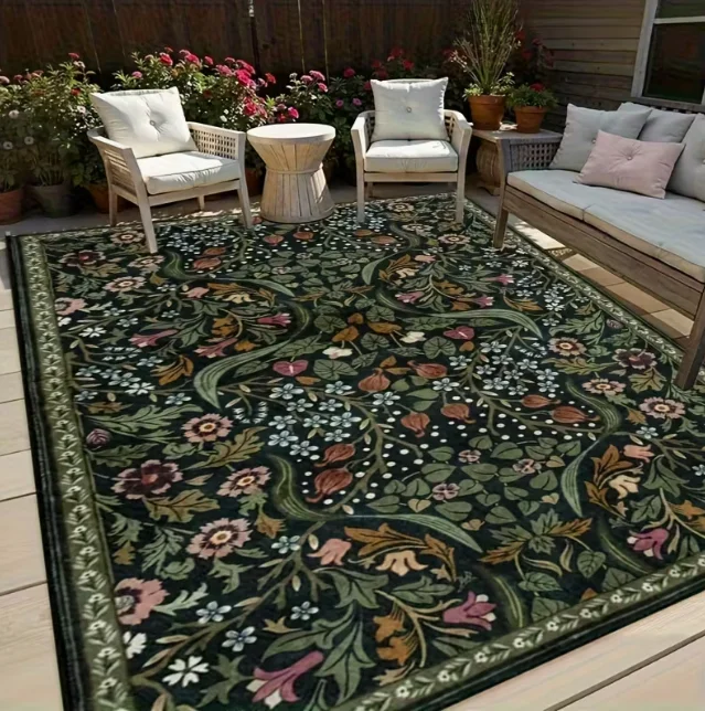 Vintage Bohemian Floral Outdoor Floor Mat with Gold Diamond Terraces Beaches and Hardwood Floors Garden Carpets