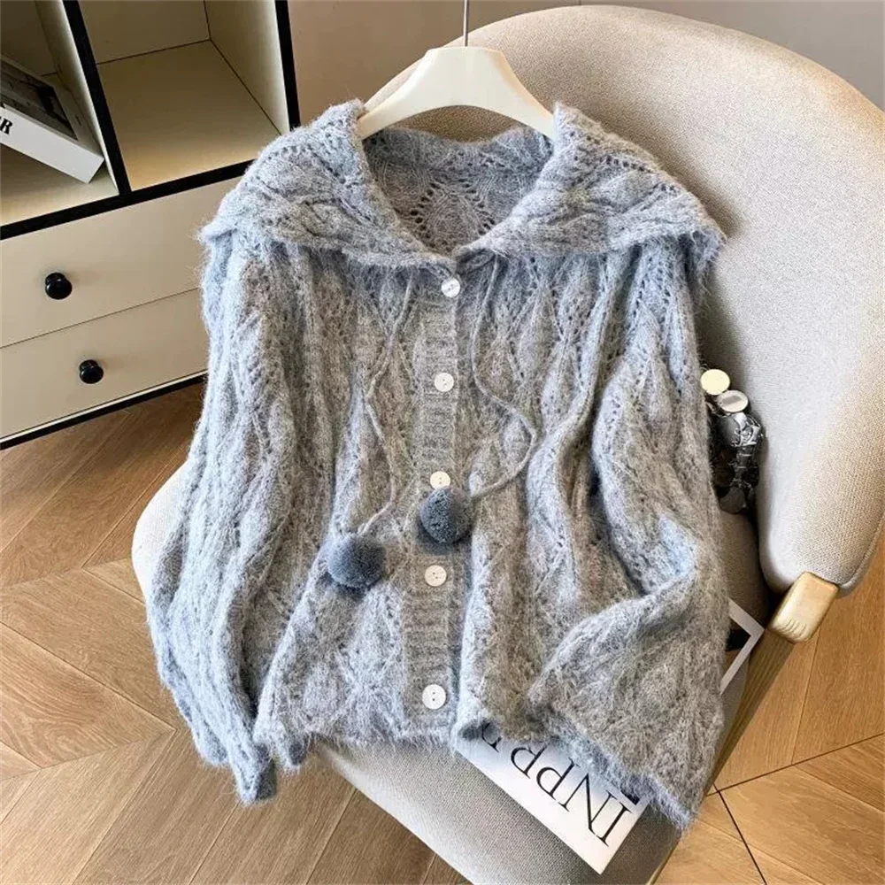 Fashion Turn Down Collar Soft Sweater Coat Women's Retro Hollow Out Single Breasted Knit Cardigan Korean Style Casual Loose Tops