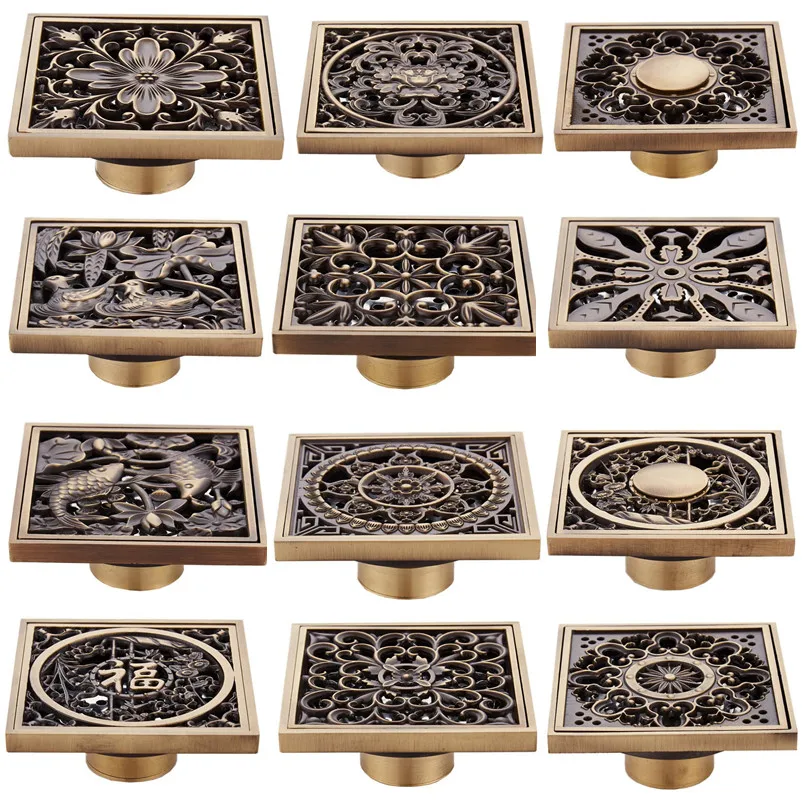 4 inch Square Floor Drains Antique Brass Shower Drains Bathroom Floor Drain Waste Grate Drain