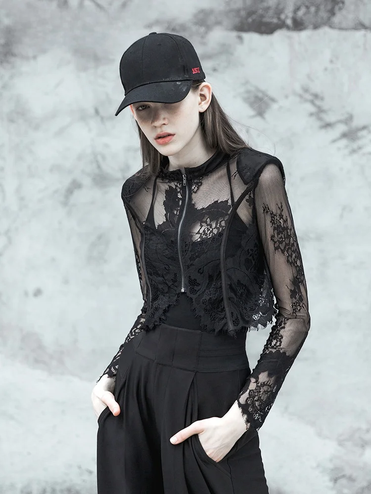 

Slim Fit Short Lace Sleeveless Jacket Women's Fashionable Street Style Thin Long Sleeve Shawl PUNK RAVE Brand Summer 2018 Col...