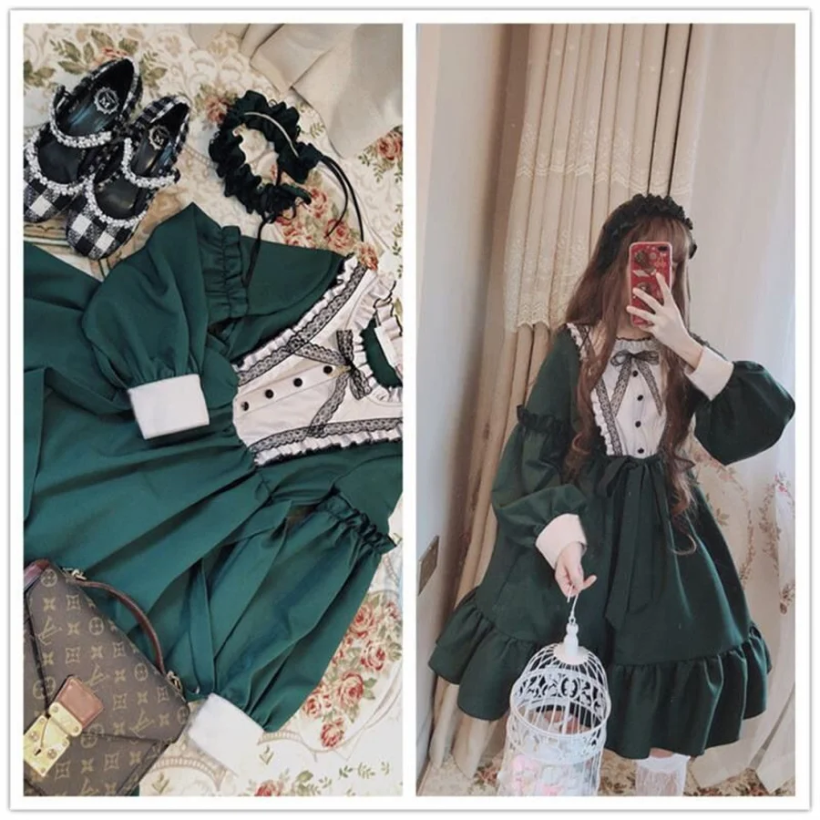 Cute Women's Lolita OP Dress Japanese Harajuku Long Sleeves Doll Dress Lolita Skirt Spring Summer Soft Girl Lolita