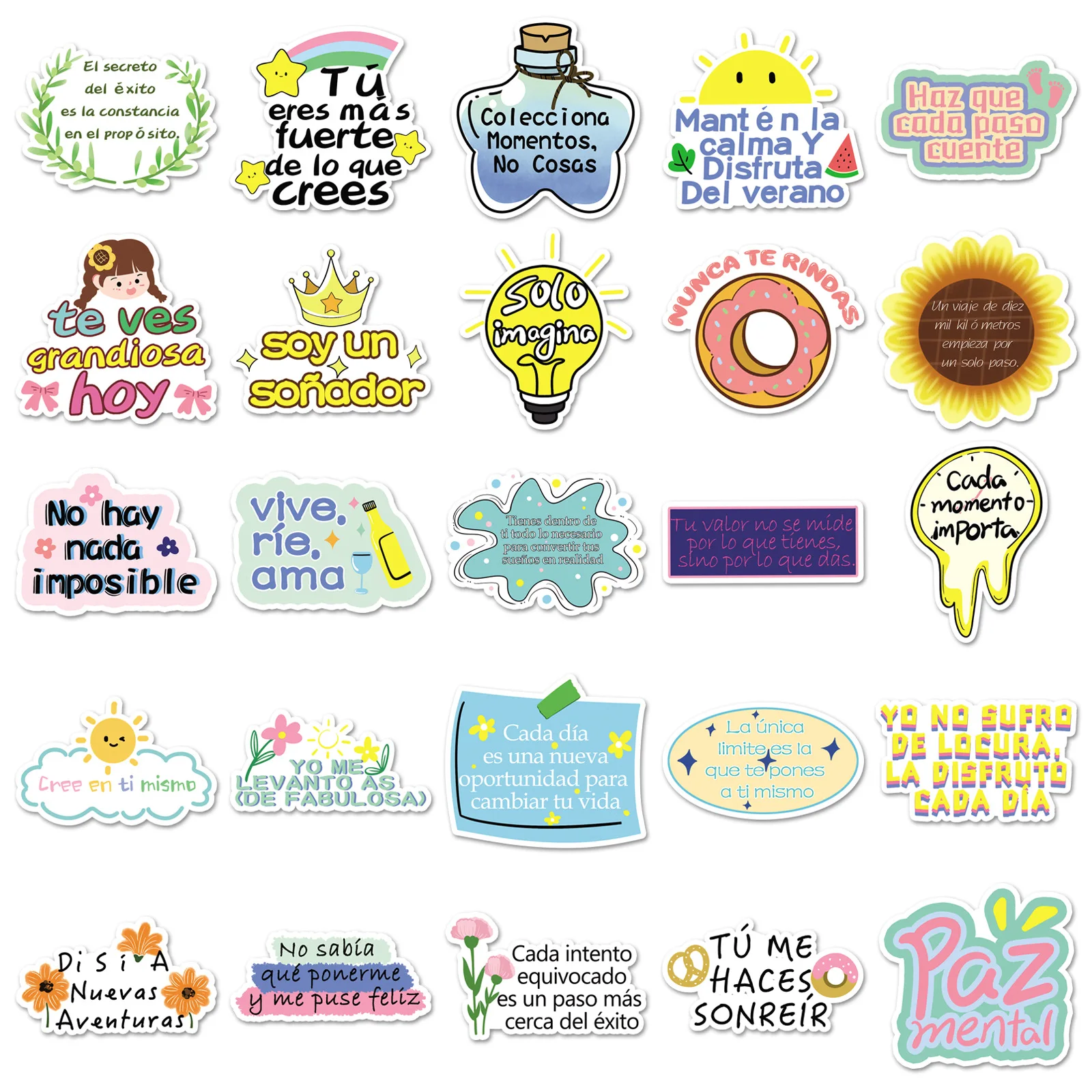 10/30/50PCS Del Fumetto Spagnolo Inspirational Testo Adesivi Energia Positiva Frasi Brevi Creativo Graffiti Decorativi Regali Del Telefono