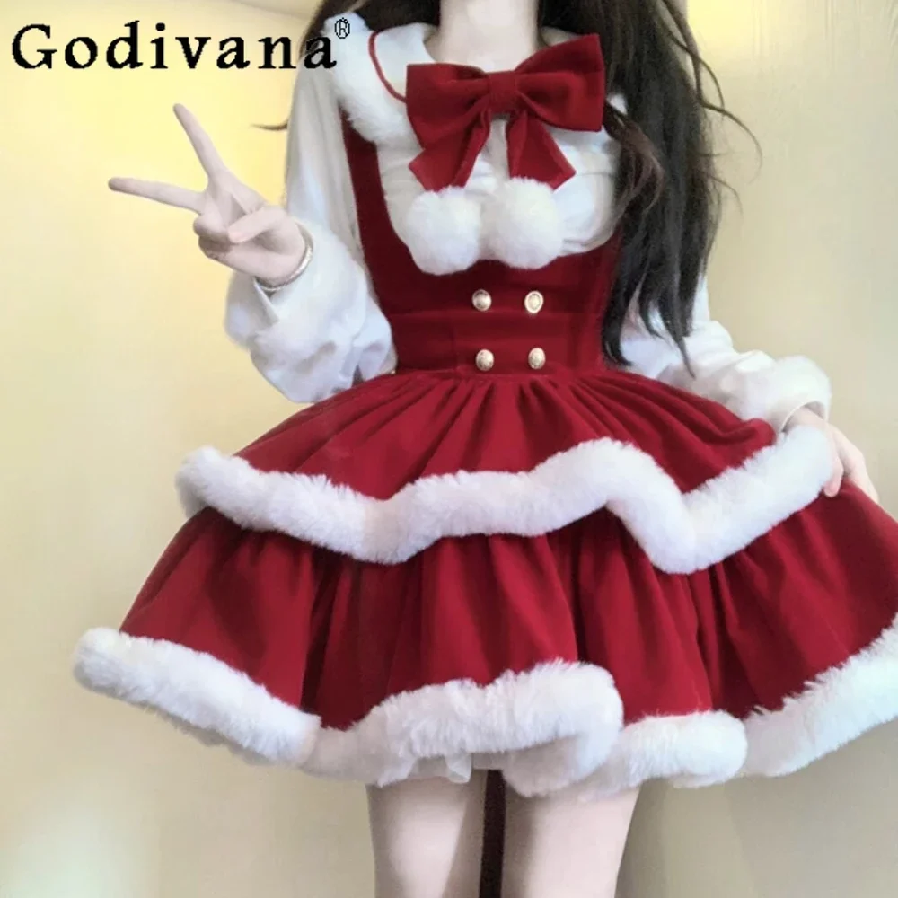 Lolita New Year's Robe Burr Princess Collar Bow Red Velvet Dress Set Women's Clothing Dresses