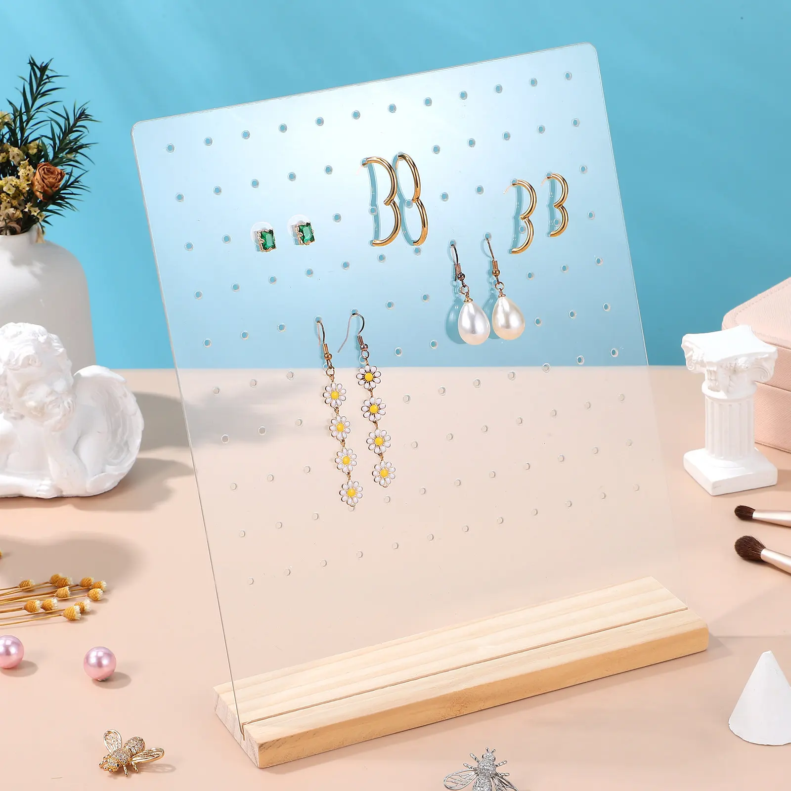 4Pcs Transparent Stud Earring Display Board with Elegant Wood Base 120 Holes Modern Jewelry Display Prop Earring Storage Rack