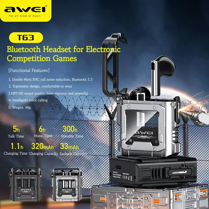 

Awei T63 Gamer Earphones Bluetooth 5.3 Headphones Wireless Headset Waterproof TWS Call Dual Mode Gaming Headset With Mic