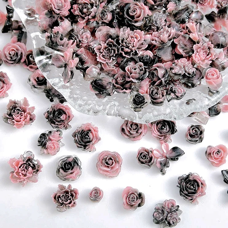 30PCS 3D Black PInk Flowers Nail Art Charms Accessories For Manicure Deco Luminous Reisn Rose Nails Decoration Supplies Material