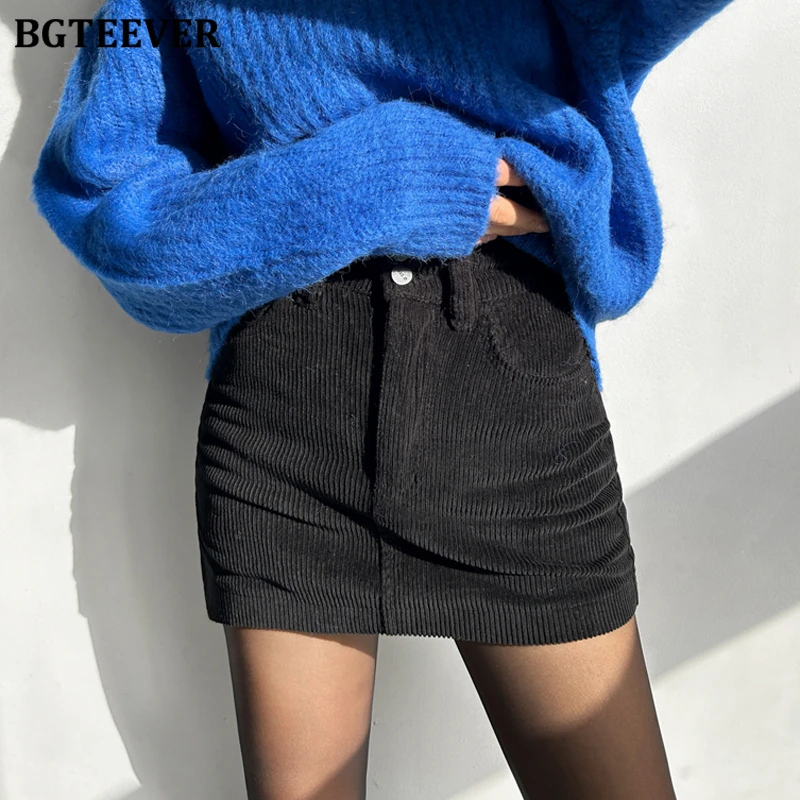 BGTEEVER Autumn Winter Slim Ladies Corduroy Mini Skirts Stylish High Waist Single Button Female A-line Skirts