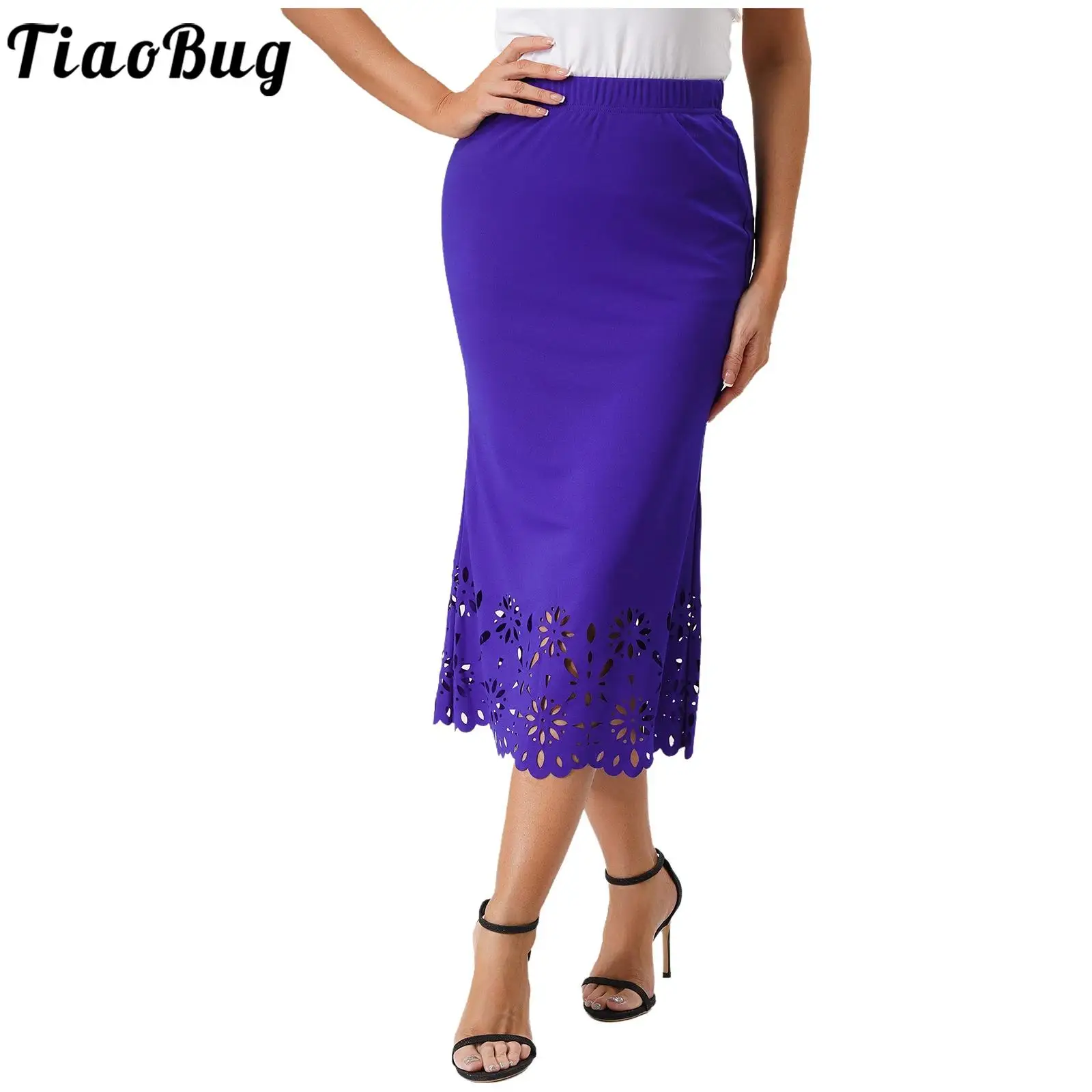 Women Hollow Hem Slim Fit Midi Skirts Elastic Waist Solid Color Bodycon Tea-length Skirt for Birthday Wedding Formal Dinner