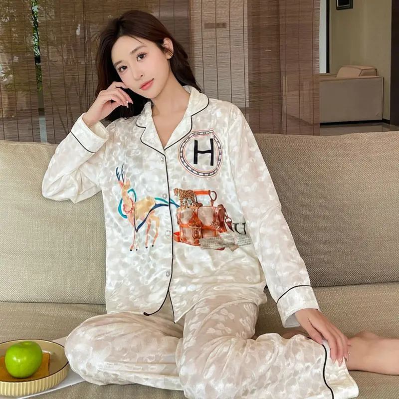 Spring Autumn New Sleepwear Women's Long Sleeve Sweet Cardigan Casual Homewear Suit Casual Large Size Fashio Pajamas Set 2024