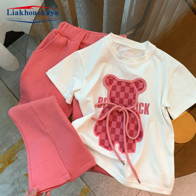 2023 Newest Summer Teens Clothes Set New Sport Bear Print Cotton Crop Top T Shirt + Wide Long Pant Suit Korea Child Tracksuit