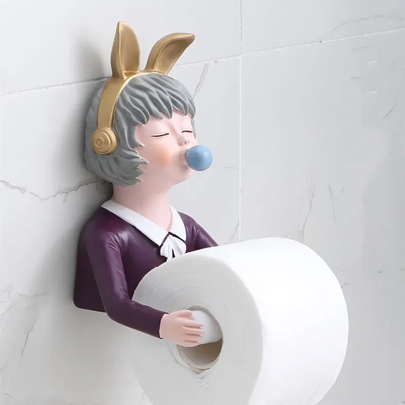 Resin Wall-mounted Paper Towel Tube Girl Blowing Bubbles Napkin Holder Decorative Crafts Bear Deer Dog Storage Rack