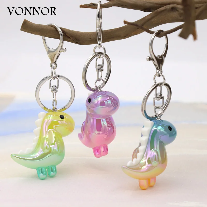 Cute Dinosaur Keychain New Trendy Gradient Color Acrylic Anime Cartoon Keychain Women Jewelry Boys Girls Gift