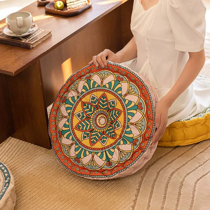 New Boho Round Pouf Cushion, Ethnic Style Thick Floor Seat Pad with Handle, Portable Meditation Cushion for Sofa Home Decor