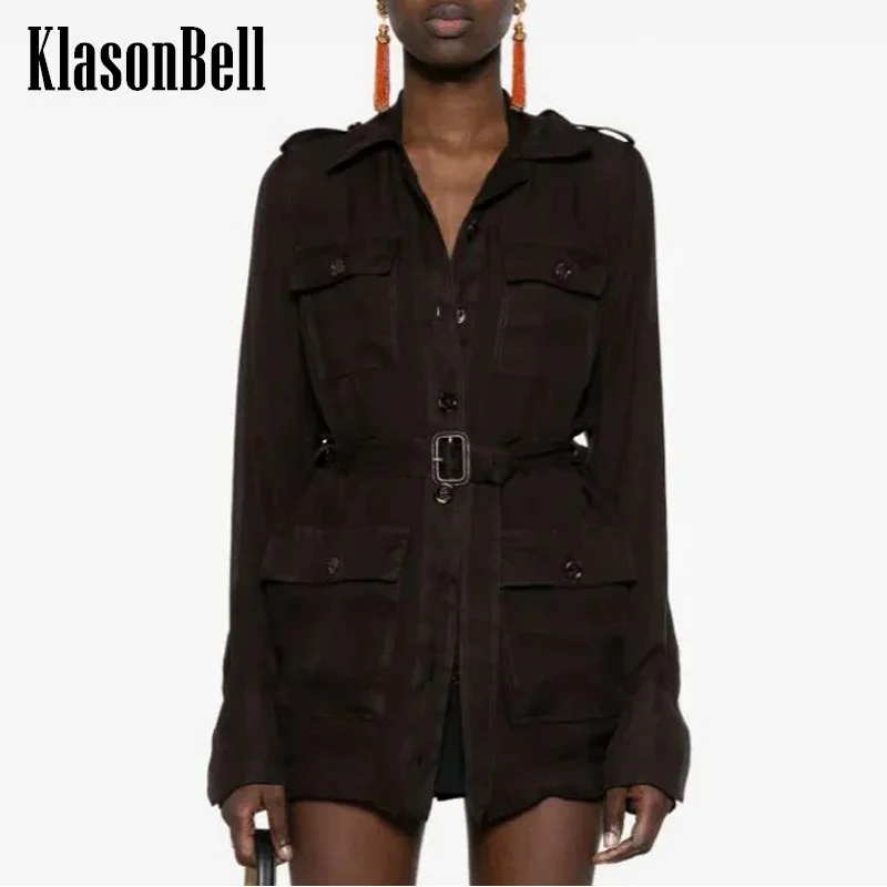 

6.23 KlasonBell Women Vintage Elegant Sheer Silk Blouse Multi-Pocket Sashed Collect Waist Long Black Shirt