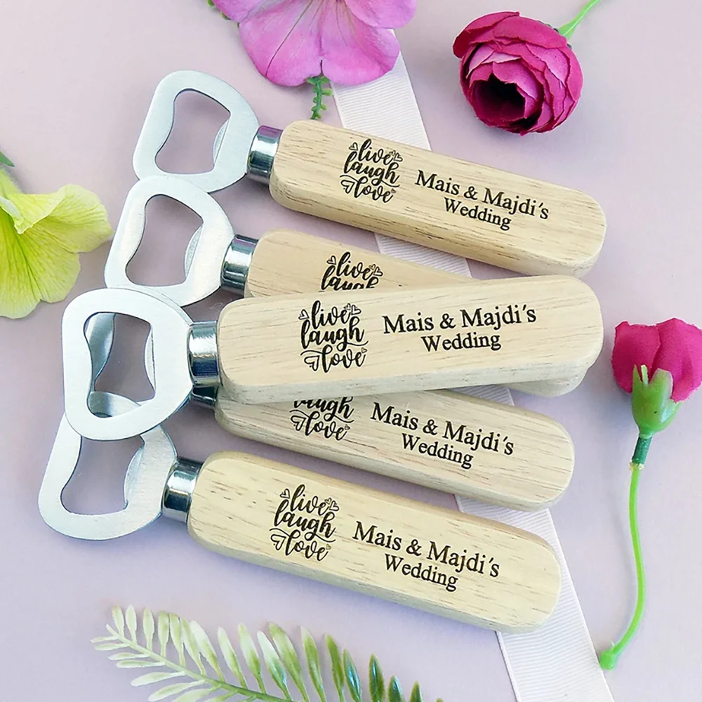 Custom Live Laugh Love Engraved Wood Bottle Opener Rustic Wedding Favors Hen Party Souvenirs Engagement Party Table Decorations