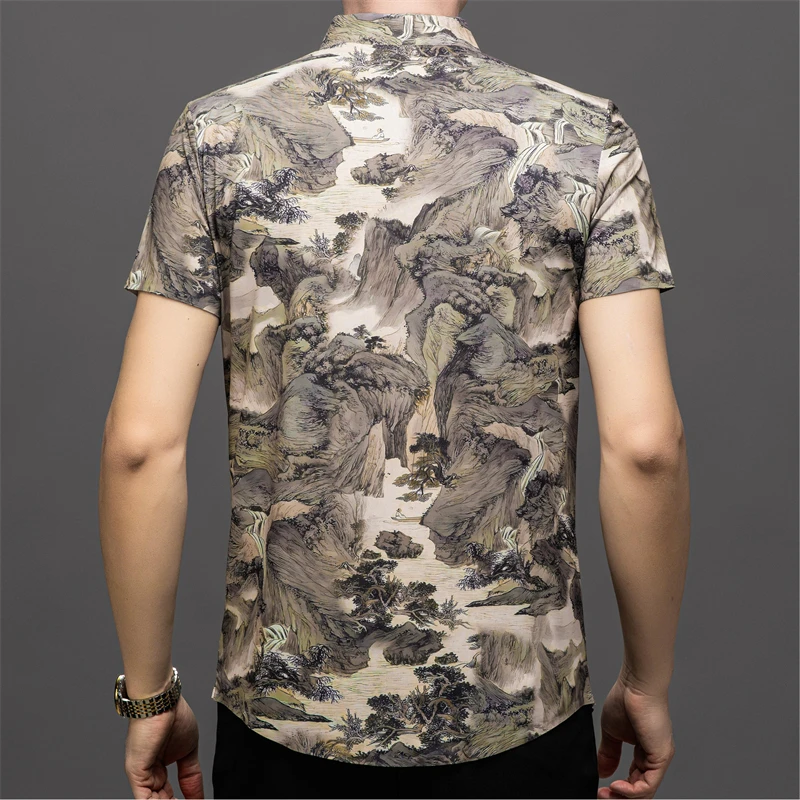 Chinese Style 3D Print Shirts For Men Short Sleeve Amazing Silky Summer Cool Feeling Quality Skin-Friendly Fashion Chemise Homme