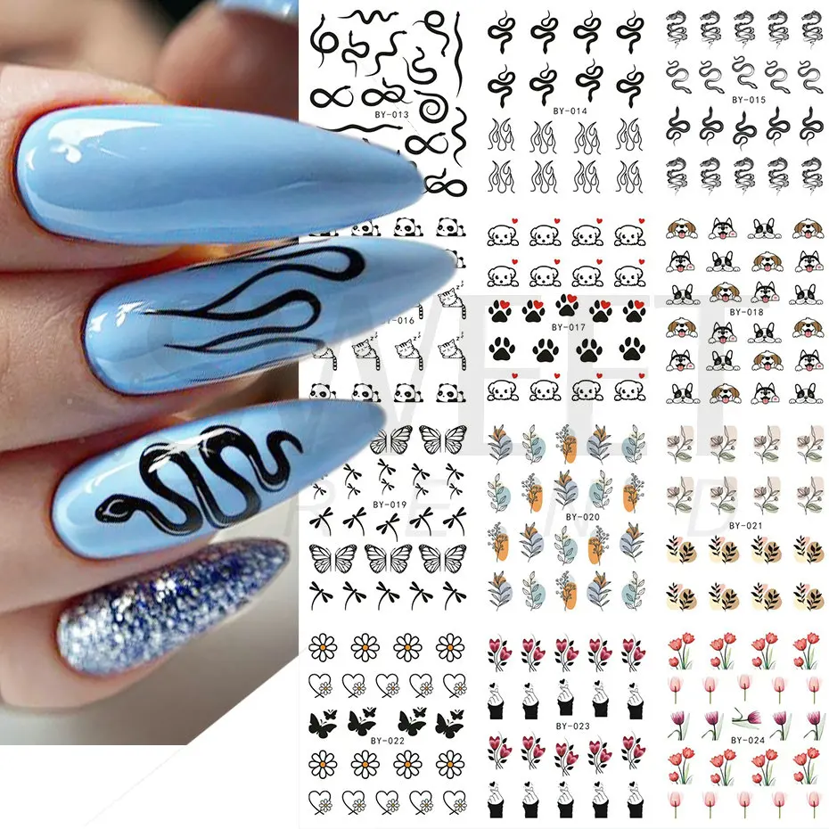 12pcs Stickers For Nail Black Snake Halloween Sliders Fire Flame Anime Cartoon Panda Dog Animal DIY Manicure Accessories BEBY