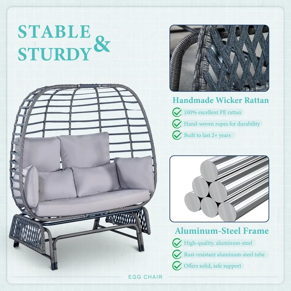 durable two-person outdoor wicker rocking chair with steel base, supporting up to 500 pounds