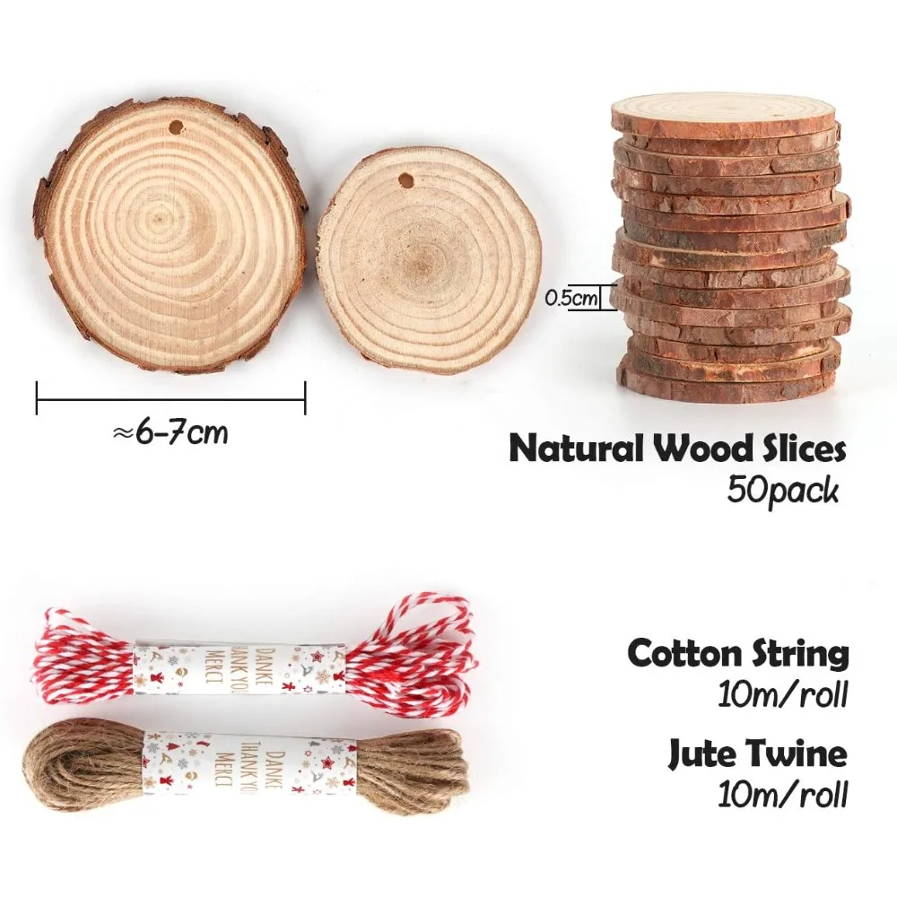 50Pcs Wood Slices 2.4"-2.8" Unfinished Wood Rounds with Pre-drilled Hole and 66Feet Twine String, Natural Wood for Crafts for Ho