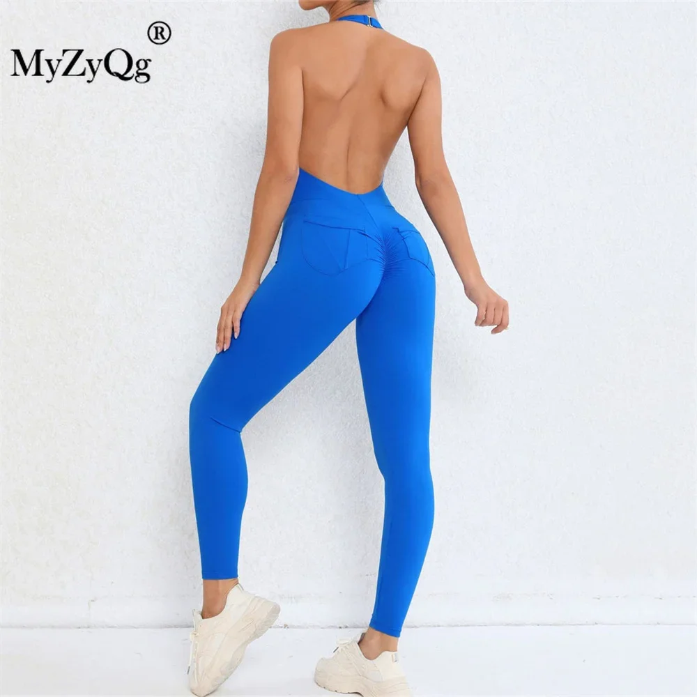 MyZyQg Women Ballet Dance Aerial Halter Pleated Pocket Yoga Jumpsuit Fitness Sports Running Tracksuit Bodycon Workout Sportswear