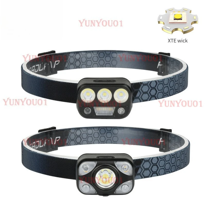 LED Strong Light Headlight 5 Lights Red Light Warning Outdoor Lightweight Head-mounted Three Light Source Headlight