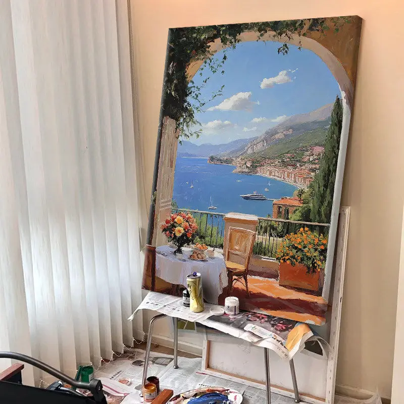 French retro sea view  decoration modern hand-painted oil painting sofa background wall  entrance hanging painting advanced
