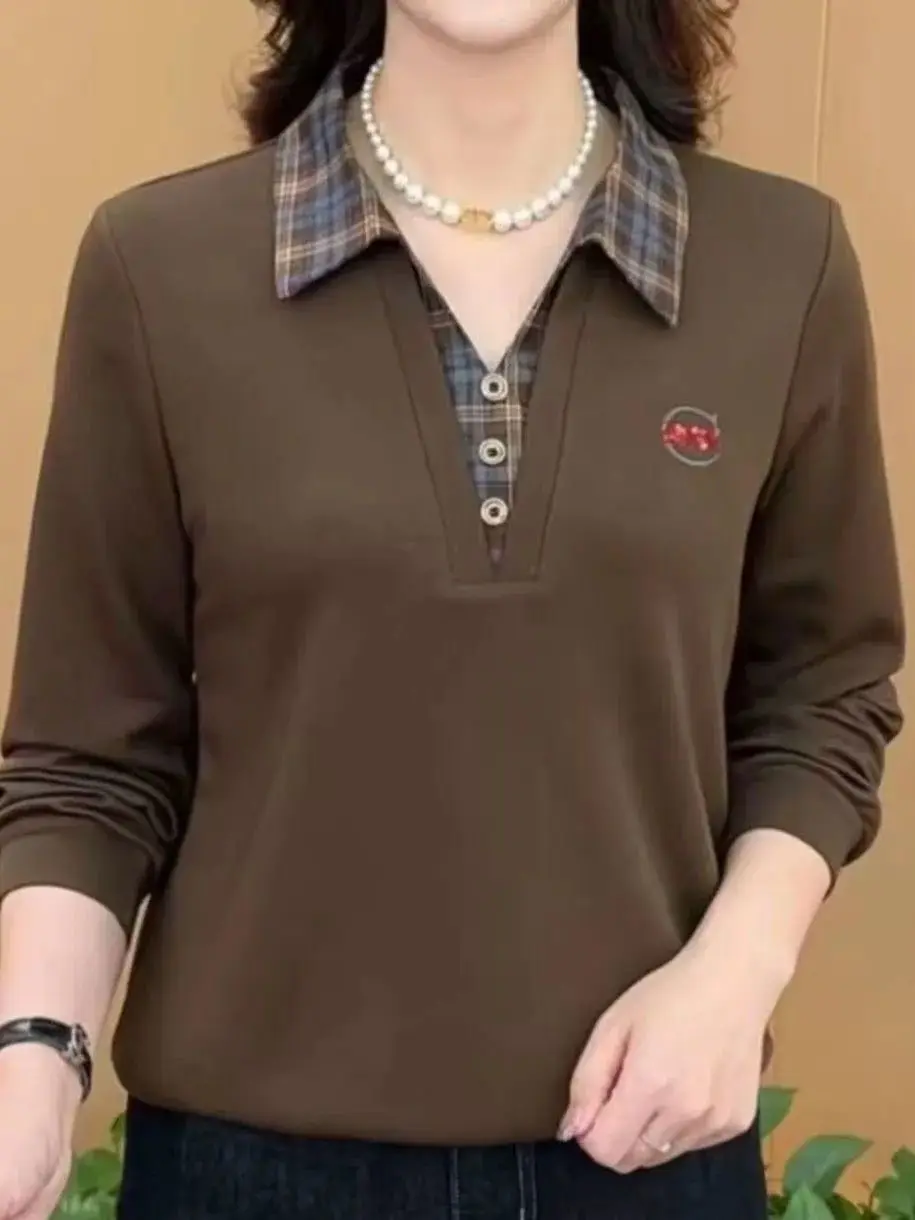 

Spring 2026 Faionable Collar Apparels Casual Long Sve Mom Size Top Breathable Skin-Friendly Korean Sle Blend