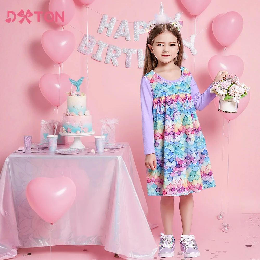 

DXTON Mermaid Girls Dresses Two Fake Pacthwork Children Autumn Clothing Casual Kids School Dress Toddler Birthday Party Dresses