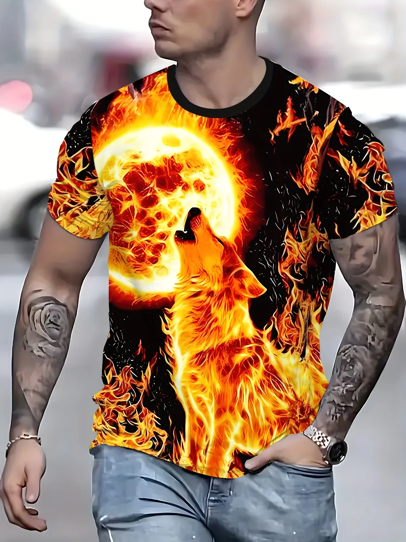 

Cool Wolf Print T Shirt For Men Summer Casual O-neck Short Sleeve Tops Fashion 3D Animal Pattern Loose Tee Street Men's Clothes