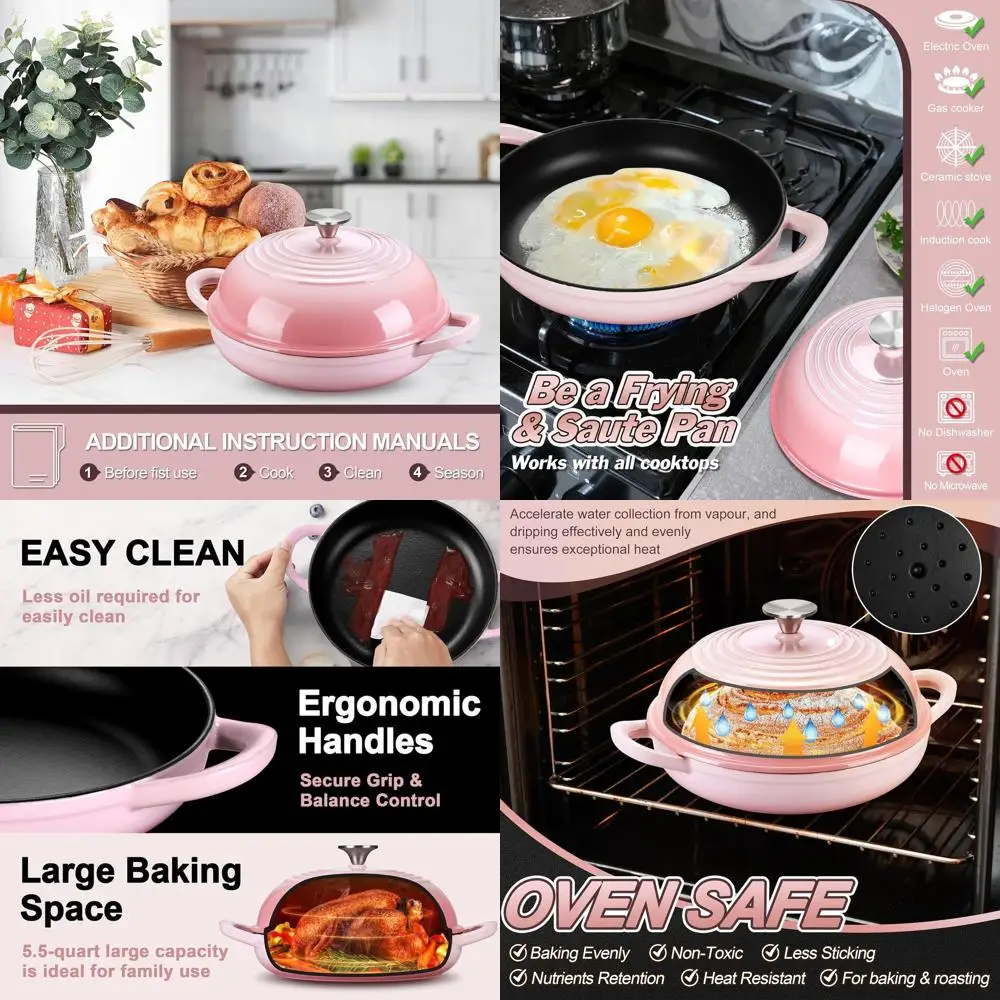 

Чугунная эмалированная кастрюля (голландская печь), 5,5 кварт, идеально подходит для выпечки хлеба на закваске, легко моется, равномерное распределение тепла, розовая