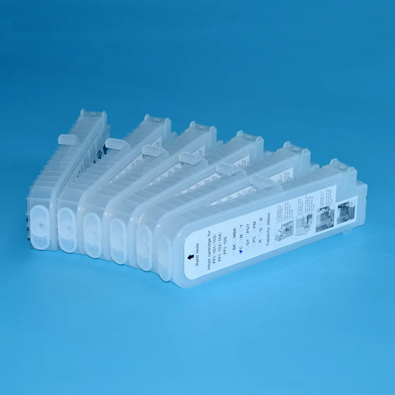 

280ml 6Pcs PFI-102 Empty Refillable Cartridge No Chip For Canon IPF500 IPF600 IPF700 IPF510 IPF605 IPF610 IPF710 IPF720 Printers