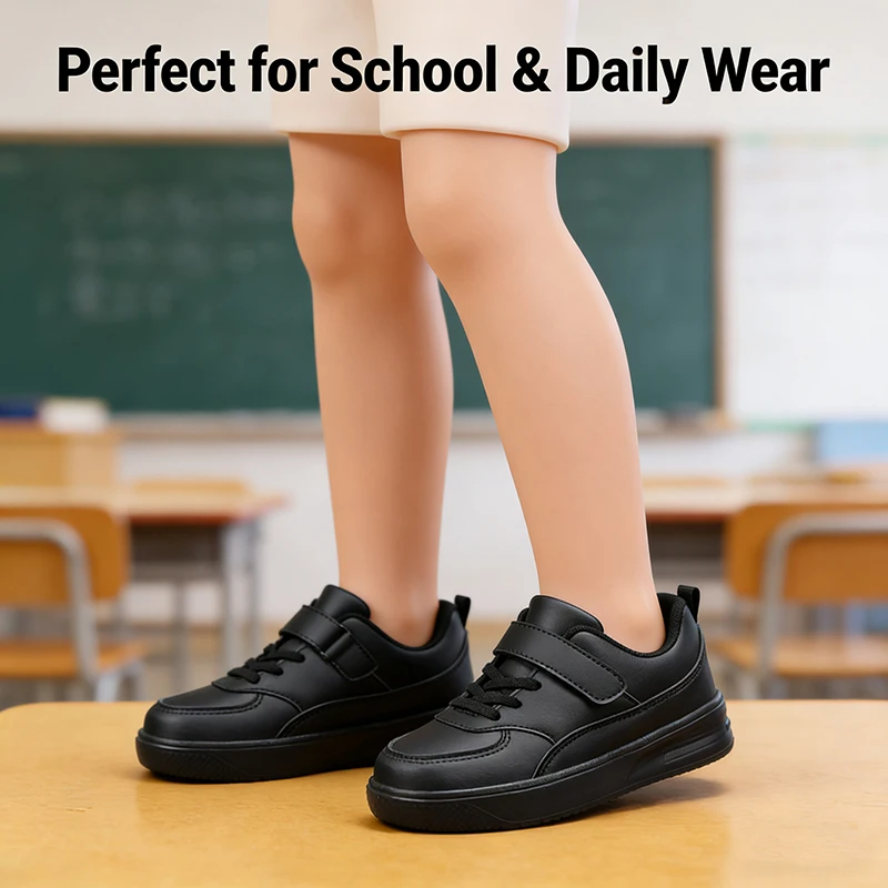 

Children's Black Leather Casual Sneakers - Lightweight Non-Slip Walking Shoes Flat Sports Tennis Footwear for Boys And Girls