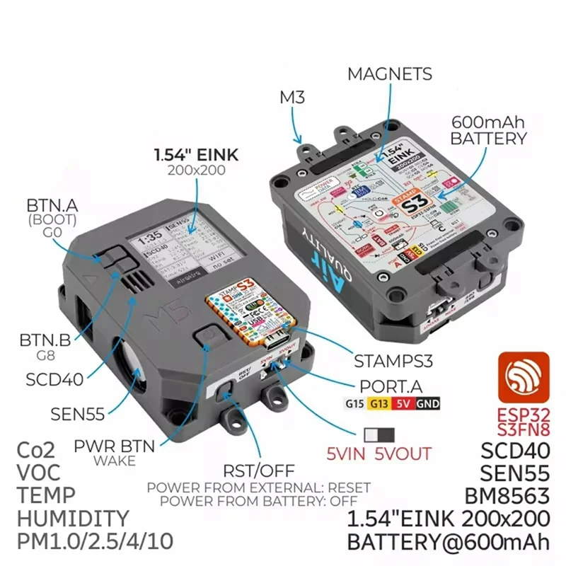 Kit de sensores de monitoreo de calidad del aire Pantalla de tinta de 1,54 pulgadas con SEN55 y SCD40 para dispositivo Iot programable de detección de aire-[A51I]