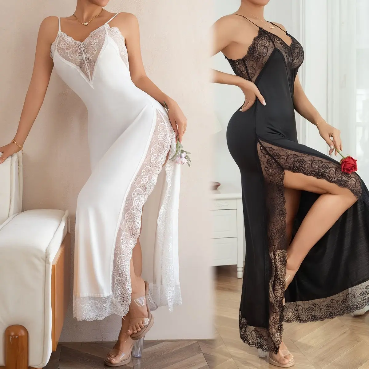 

2025 New Fashion Asymmetry V-Neck Nightgown Sexy Women Lace Patchwork Sleeveless Strap Sleepwear Elegant Backless Home Dress