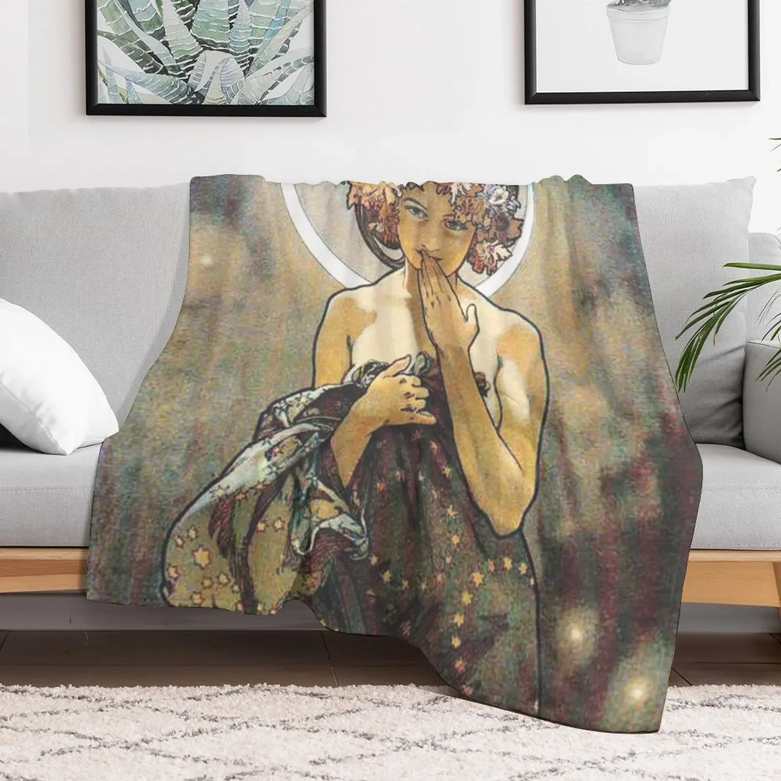 HD. The Moon and the Stars, (number 1 from serie of 4) by Alphonse Mucha (1902) HIGH DEFINITION Throw Blanket