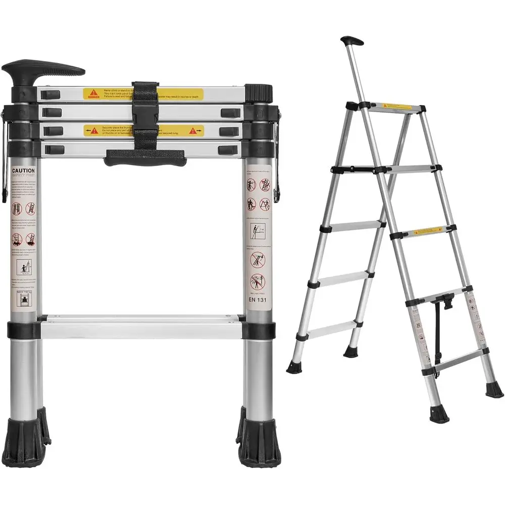 10.2FT Telescoping Ladder with Handrail, 5+5 Step Ladder, Portable Telescopic Folding Extension Ladder Heavy Duty Collapsible, L