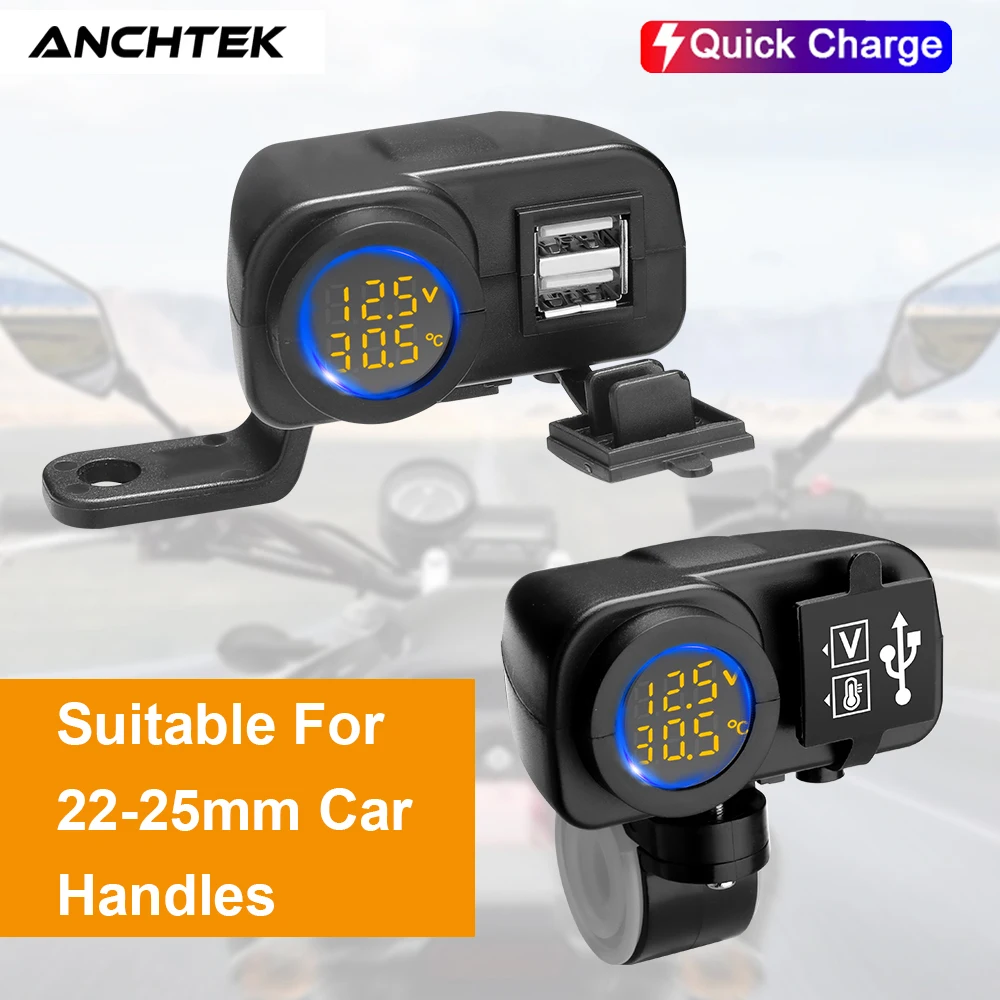 

Anchtek Motorcycle Phone Charger QC3.0 Dual USB Fast Charging Voltmeter Thermometer Digital Display Socket Adapter for Phone