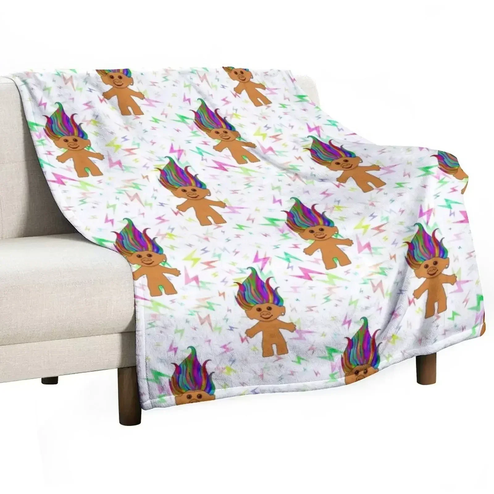 Colourful Retro Troll Doll Print for 90s Kids - Rainbow Hair Throw Blanket Fashion Sofas Retros Hair Vintage Flannels Blankets