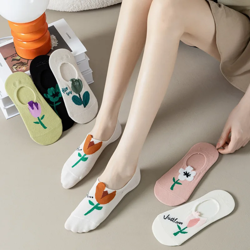 Kaus kaki motif bunga 1 pasang, kaus kaki Boat wanita Tulip lembut & ringan potongan rendah, stoking dan kaus kaki wanita